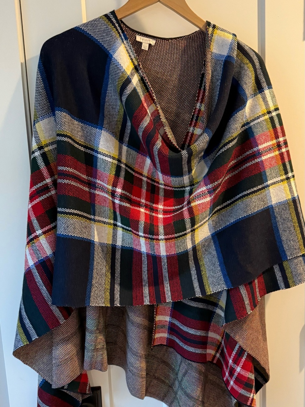 Talbots Plaid Draped Cape in Navy, Red and Green